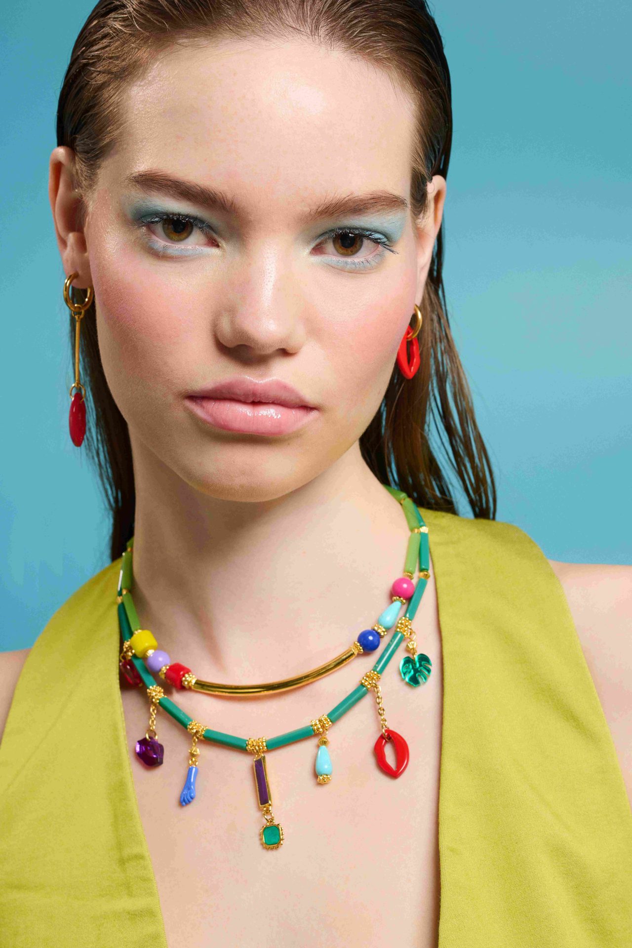 LEVENDER κολιέ με χρυσή μπάρα, χαολίτη , ακρυλικές και γυάλινες χάντρες. - Image 2