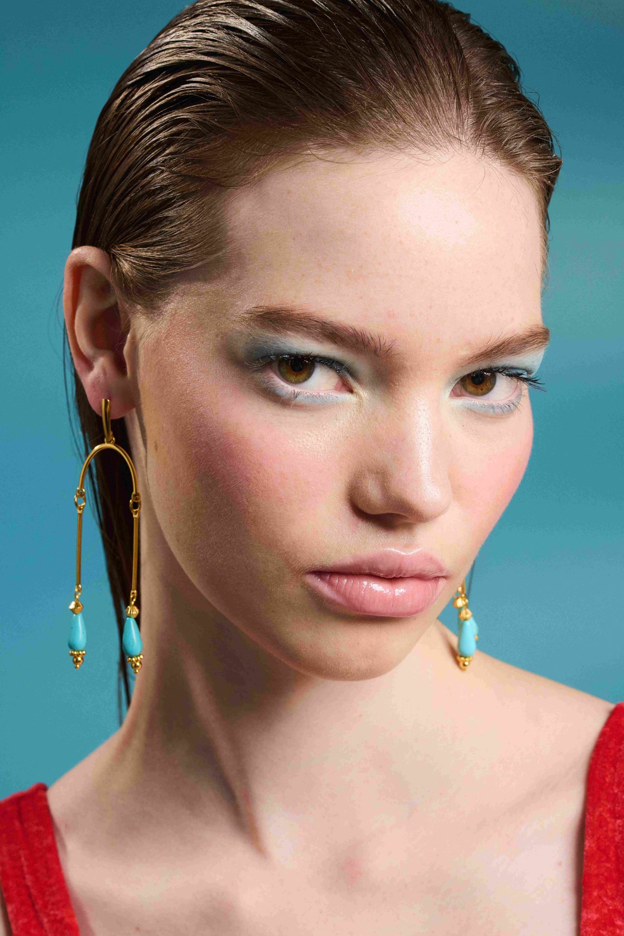 KYMA ατσάλινο σκουλαρίκι με επίχρυσο 24κ στοιχείο και γαλάζιο χαολίτη. - Image 2