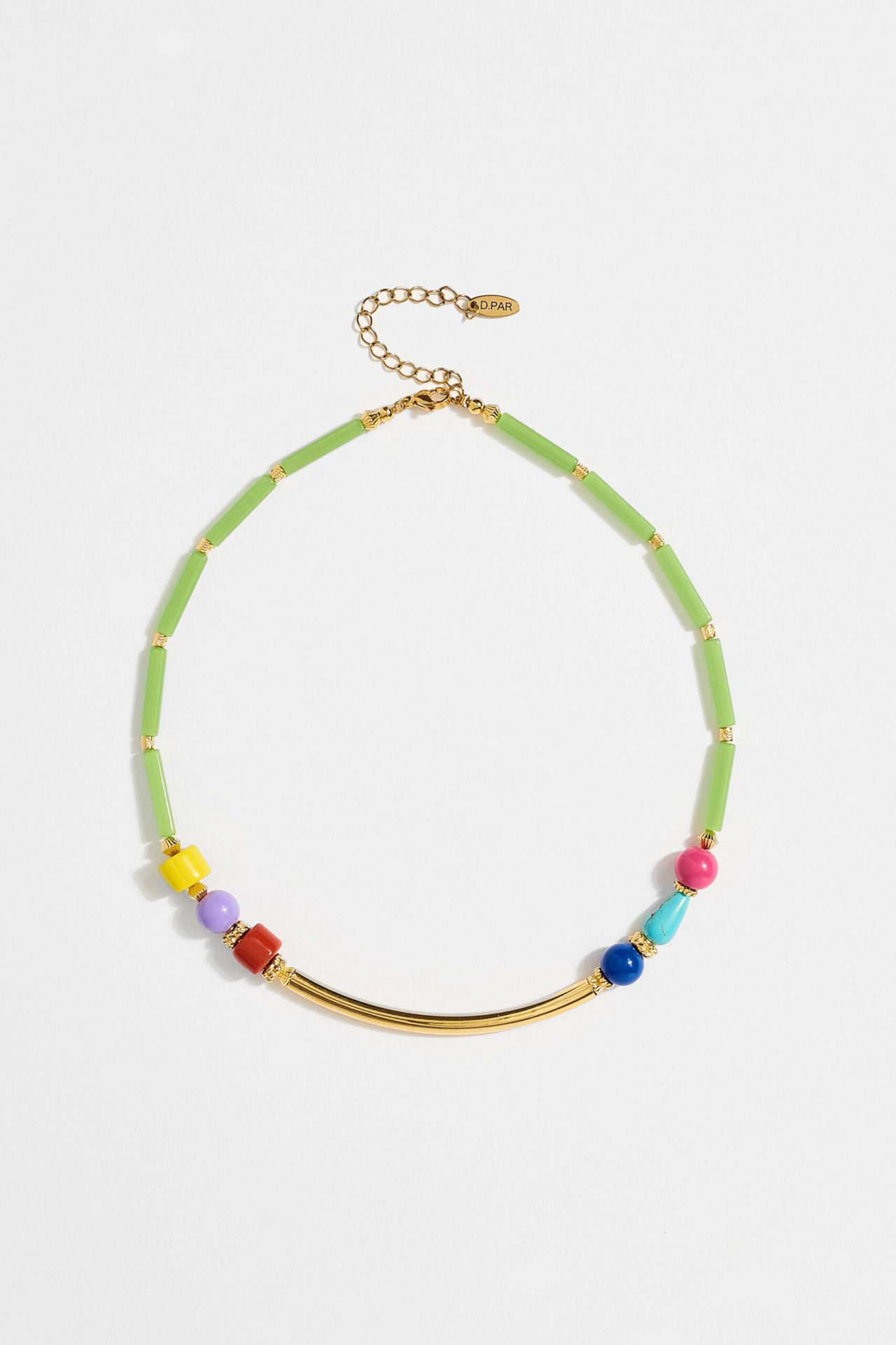 LEVENDER κολιέ με χρυσή μπάρα, χαολίτη , ακρυλικές και γυάλινες χάντρες.