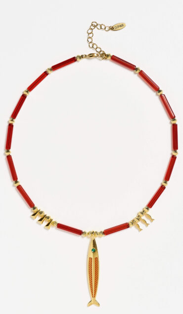 DORIS κολιέ κόκκινο γυαλί και επίχρυσα στοιχεία 24Κ